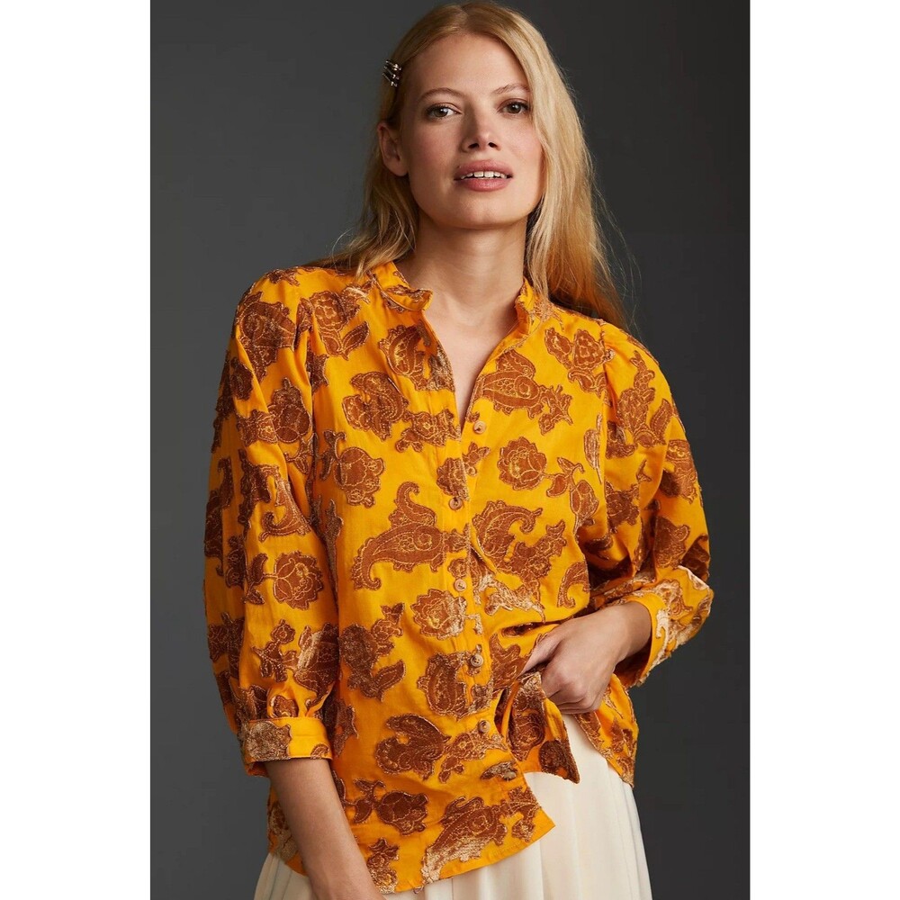 Pilcro Anthropologie Velvet Burnout Mustard Yellow Blouse Top Size XL Flowy Boho